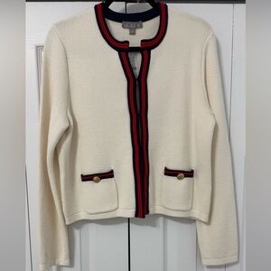 JCREW Ivory cardigan with red and navy trim